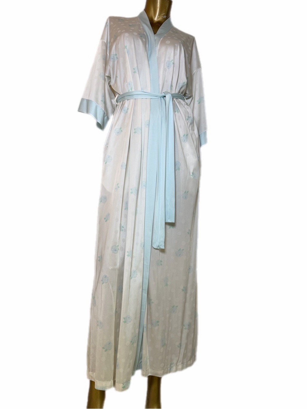 Vintage Miss Elaine Blue Rose/polka dot belted Robe Getting Ready Dressing Gown
